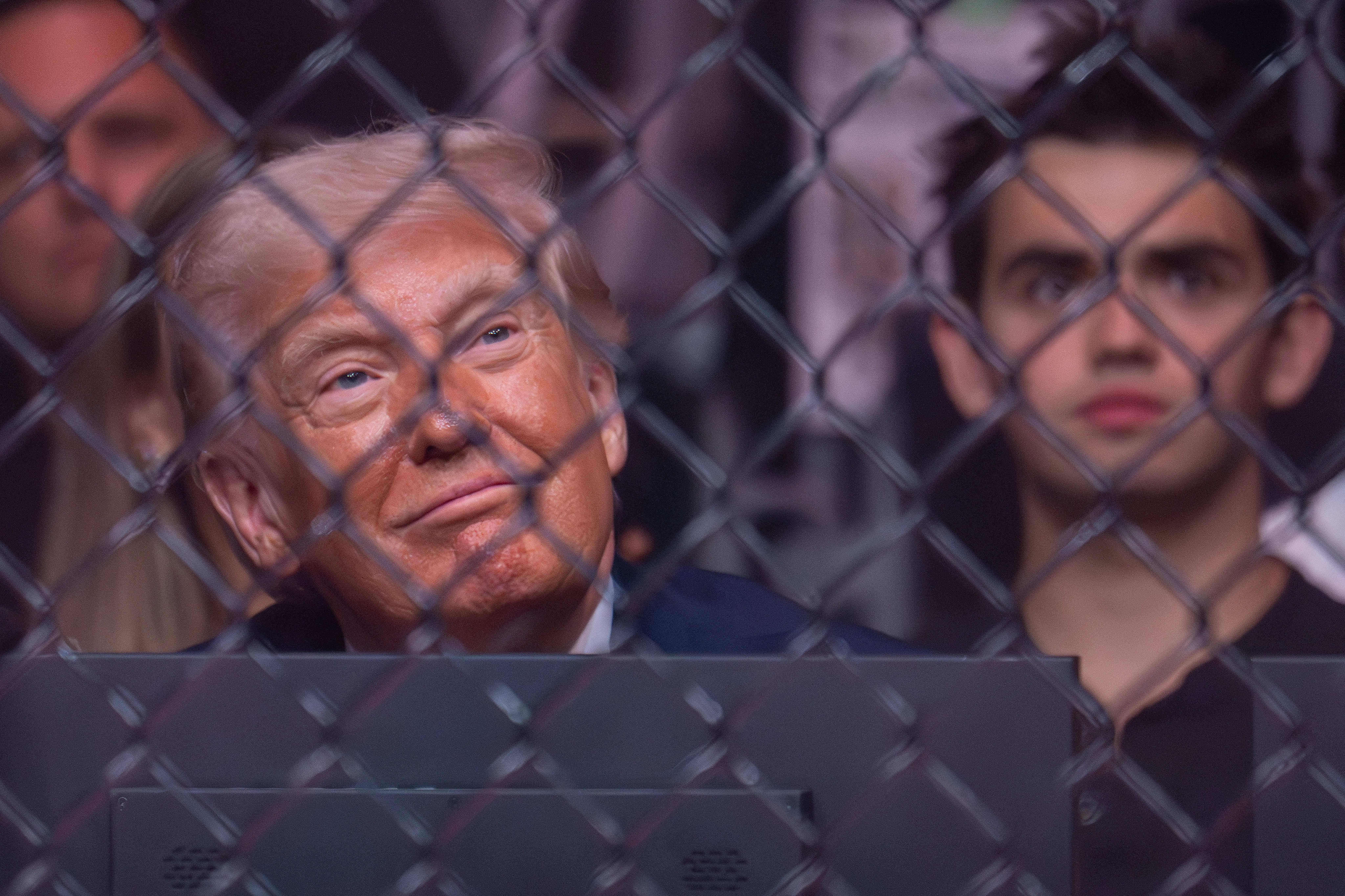 Donald Trump smiles and looks up while seated in the audience of a UFC match