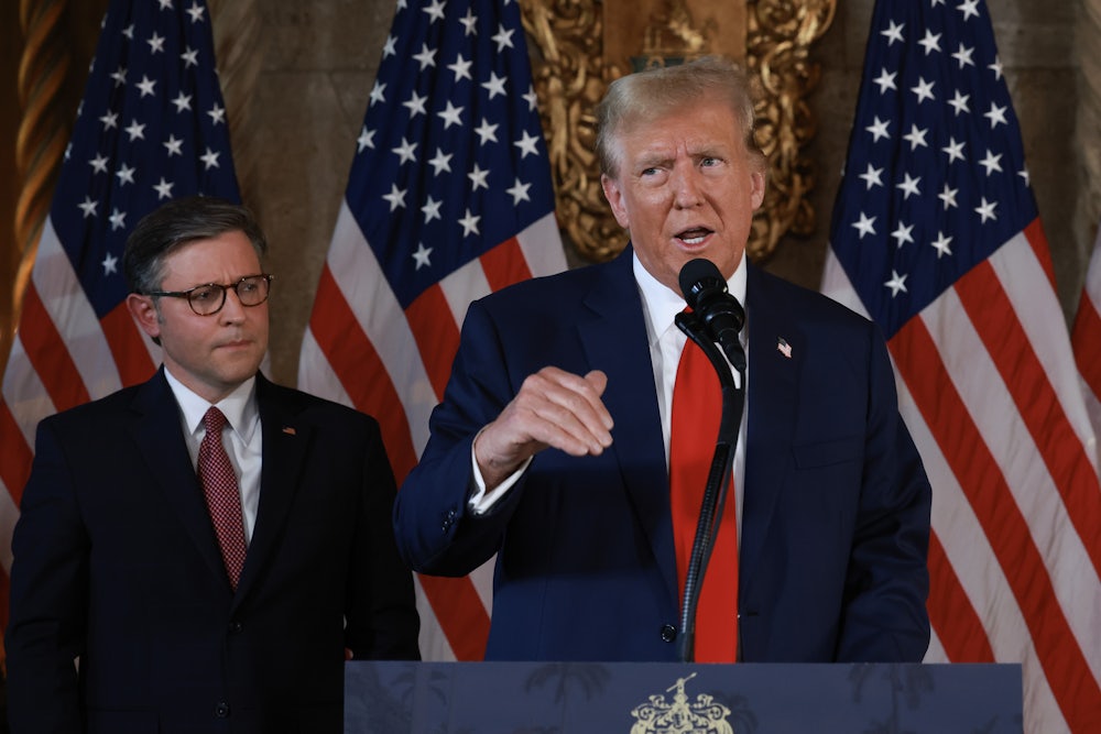 Donald Trump and House Speaker Mike Johnson hold a press conference at Mr. Trump's Mar-a-Lago estate.