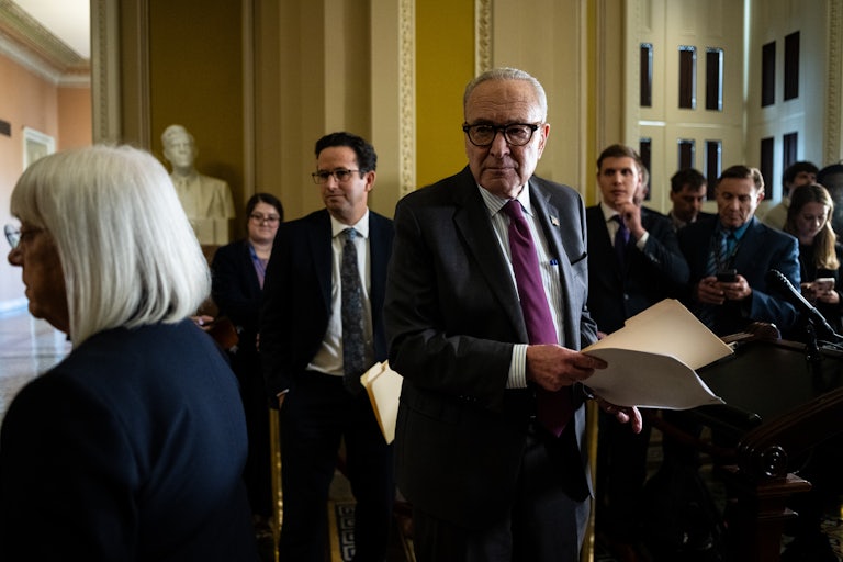 Senator Patty Murray, a Democrat from Washington, from left, Senator Brian Schatz, a Democrat from Hawaii, and Senate Minority Leader Chuck Schumer, a Democrat from New York, depart a news conference following the weekly Senate Democrat policy luncheon at the US Capitol in Washington, D.C.