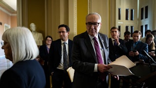 Senator Patty Murray, a Democrat from Washington, from left, Senator Brian Schatz, a Democrat from Hawaii, and Senate Minority Leader Chuck Schumer, a Democrat from New York, depart a news conference following the weekly Senate Democrat policy luncheon at the US Capitol in Washington, D.C.