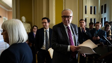 Senator Patty Murray, a Democrat from Washington, from left, Senator Brian Schatz, a Democrat from Hawaii, and Senate Minority Leader Chuck Schumer, a Democrat from New York, depart a news conference following the weekly Senate Democrat policy luncheon at the US Capitol in Washington, D.C.