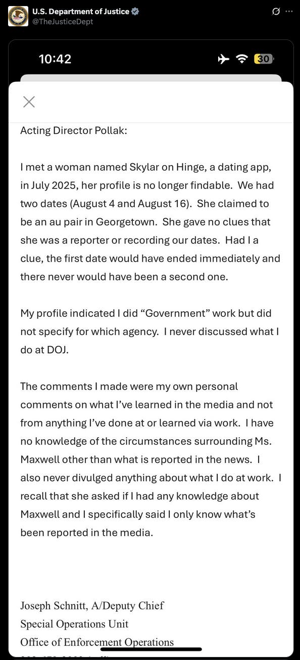 X screenshot U.S. Department of Justice @TheJusticeDept: screenshot of email (no caption in the X post)