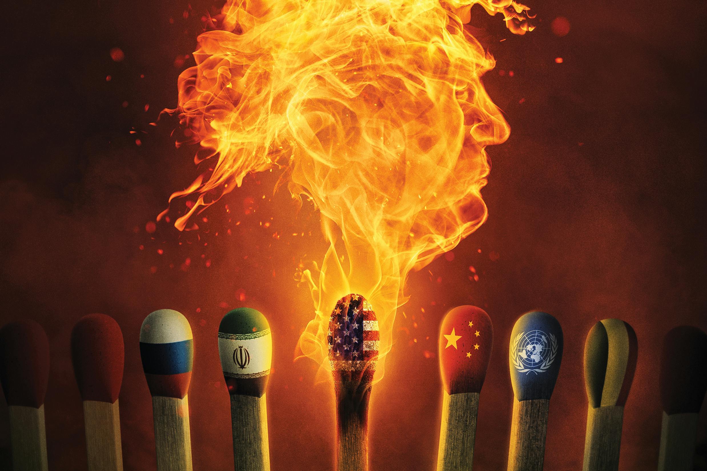 An illustration of a  row of matchsticks each match head painted with different national symbols, including Russia, Iran, the United States, China, and the United Nations. The match with the American flag produces an  orange flame in Trump' profile in fire, the surrounding matches remain unlit