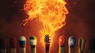 An illustration of a row of matchsticks each match head painted with different national symbols, including Russia, Iran, the United States, China, and the United Nations. The match with the American flag produces an orange flame in Trump' profile in fire, the surrounding matches remain unlit