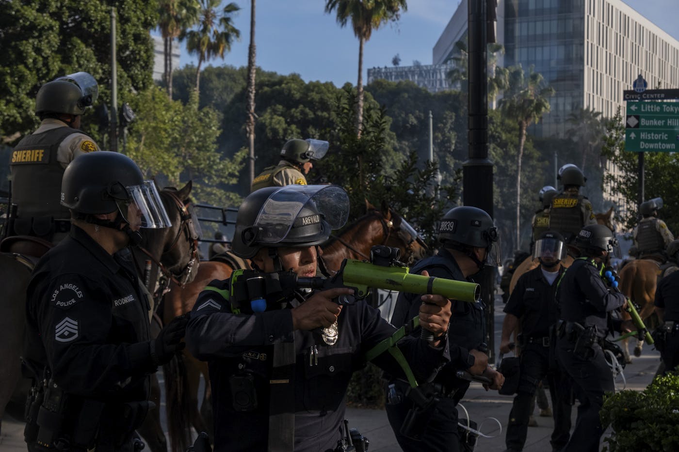 Protestors against President Donald Trump after the “No Kings protest clash with LAPD and Sheriff Department near City Hall in downtown Los Angeles, June 14, 2025.