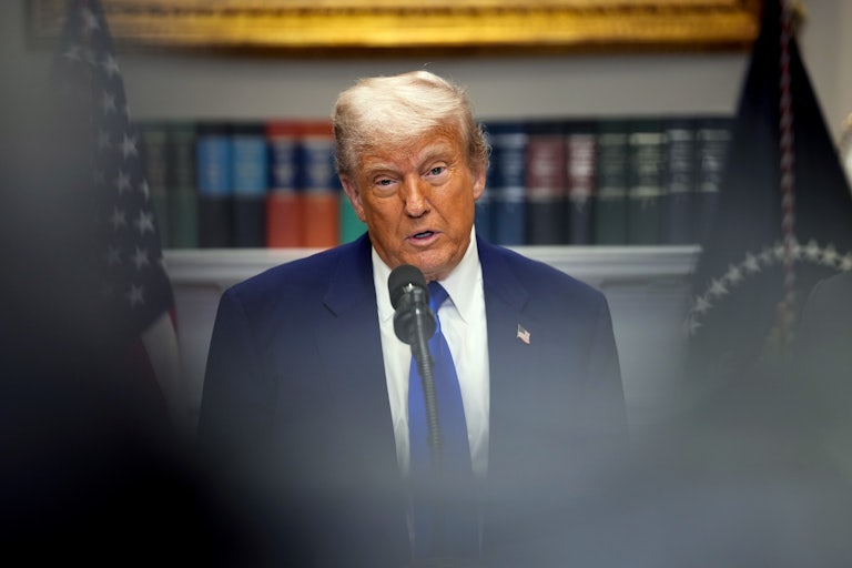 Donald Trump speaks during a press conference in the Roosevelt Room of the White House.