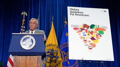 RFK Jr. stands at a podium next to a poster of the new, inverted food pyramid.