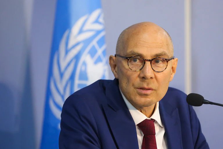 United Nations High Commissioner for Human Rights Volker Türk gives a press conference.