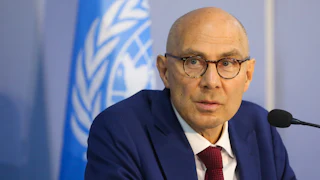 United Nations High Commissioner for Human Rights Volker Türk gives a press conference.