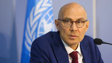 United Nations High Commissioner for Human Rights Volker Türk gives a press conference.