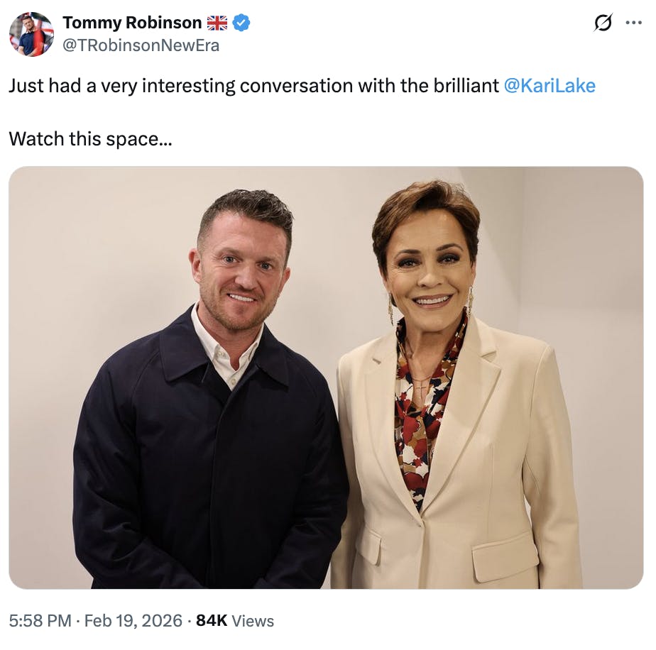 X screenshot Tommy Robinson 🇬🇧
@TRobinsonNewEra
Just had a very interesting conversation with the brilliant @KariLake
 

Watch this space...

(photo of Robinson and Lake smiling side by side)