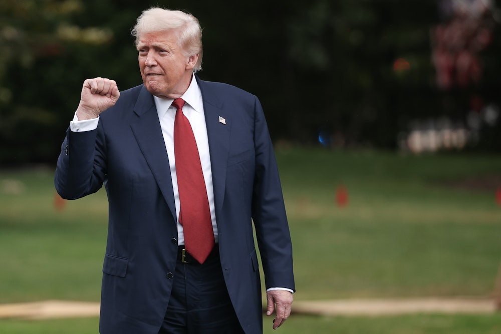 Donald Trump raises his fist while walking across the White House lawn
