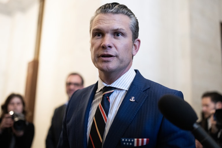 Pete Hegseth speaks to reporters in the Senate