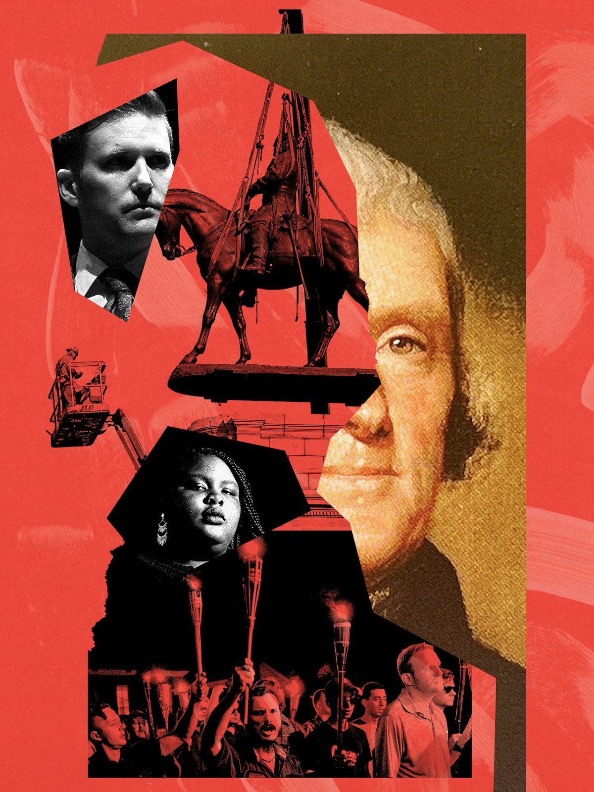 A photo illustration of key characters around the Charlottesville protests in 2021 including images of Zyahna Bryant, Richard Spencer, and the Robert E Lee statue and Thomas Jefferson