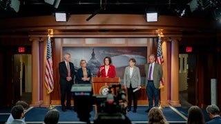 Senators Angus King, Maggie Hassan, Catherine Cortez Masto, Jeanne Shaheen, and Tim Kaine hold a news conference on the Capitol.