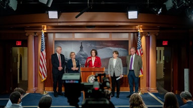 Senators Angus King, Maggie Hassan, Catherine Cortez Masto, Jeanne Shaheen, and Tim Kaine hold a news conference on the Capitol.