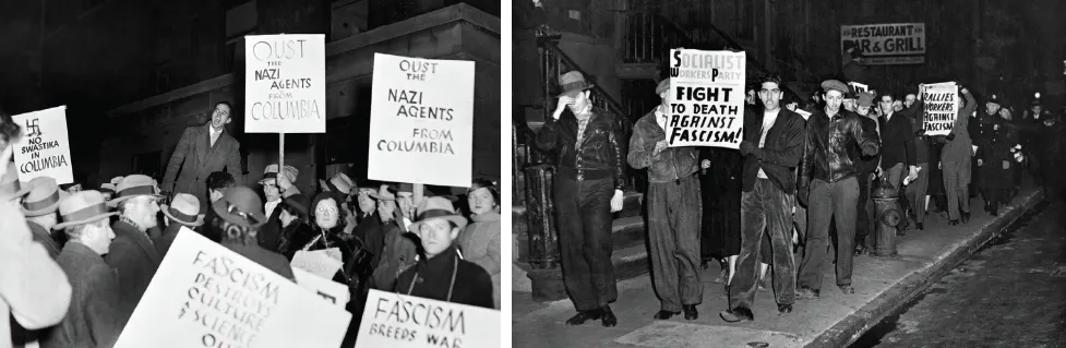 Left, a 1933 protest at Columbia University against the presence on campus of the German ambassador; right, a Socialist Workers Party anti-fascist rally in New York circa 1940