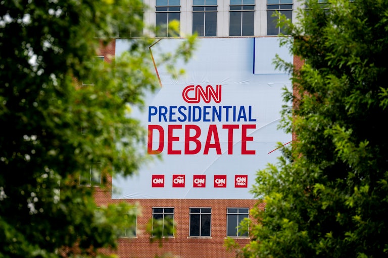 A sign for the CNN-hosted presidential debate