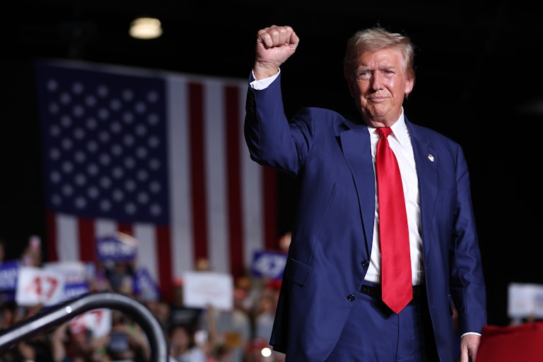 Donald Trump smiles and raises a fist in victory at a campaign rally