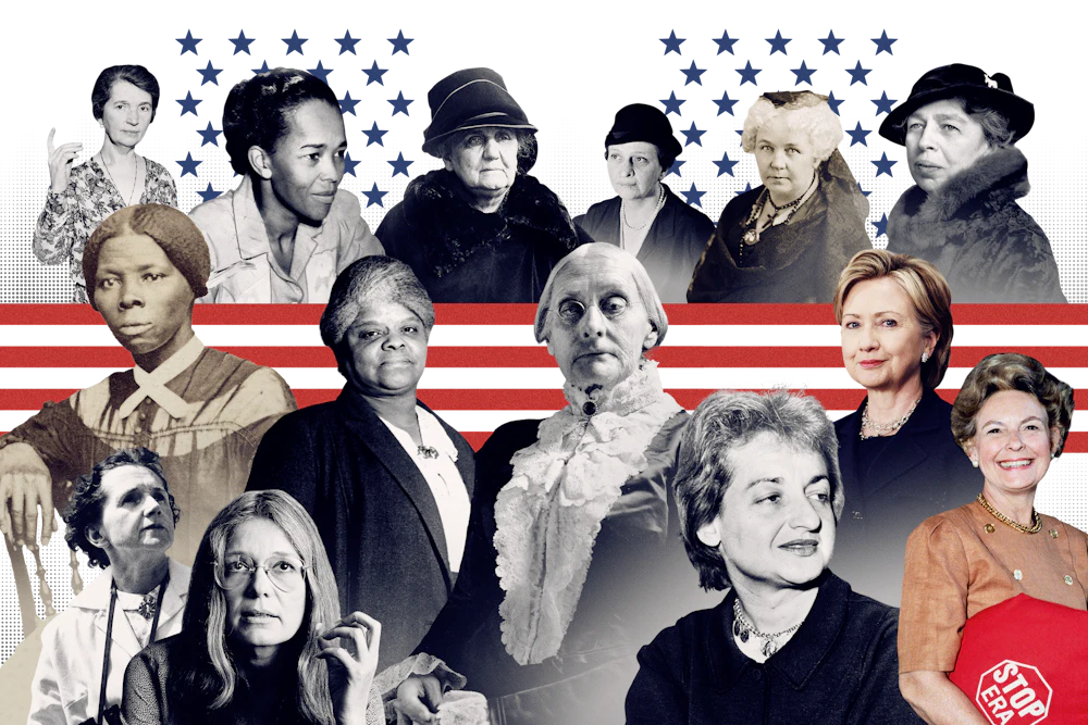 Collage of photos of women considered to be the most important in American history: Clockwise from top left: Sanger, Baker, Addams, Perkins, Stanton, Roosevelt, Clinton, Schlafly, Friedan, Anthony, Wells-Barnett, Steinem, Carson, Tubman