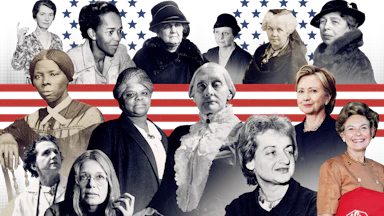 Collage of photos of women considered to be the most important in American history: Clockwise from top left: Sanger, Baker, Addams, Perkins, Stanton, Roosevelt, Clinton, Schlafly, Friedan, Anthony, Wells-Barnett, Steinem, Carson, Tubman