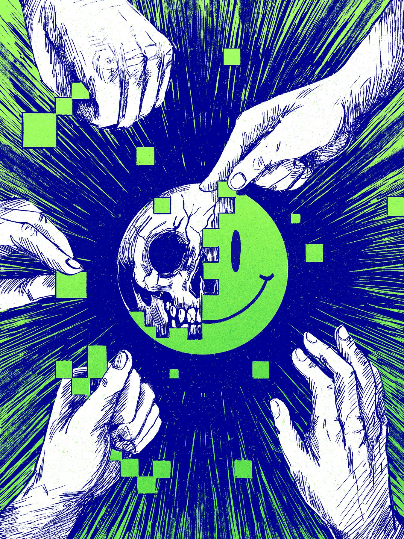 An illustration of a happy face with a skull revealed underneath