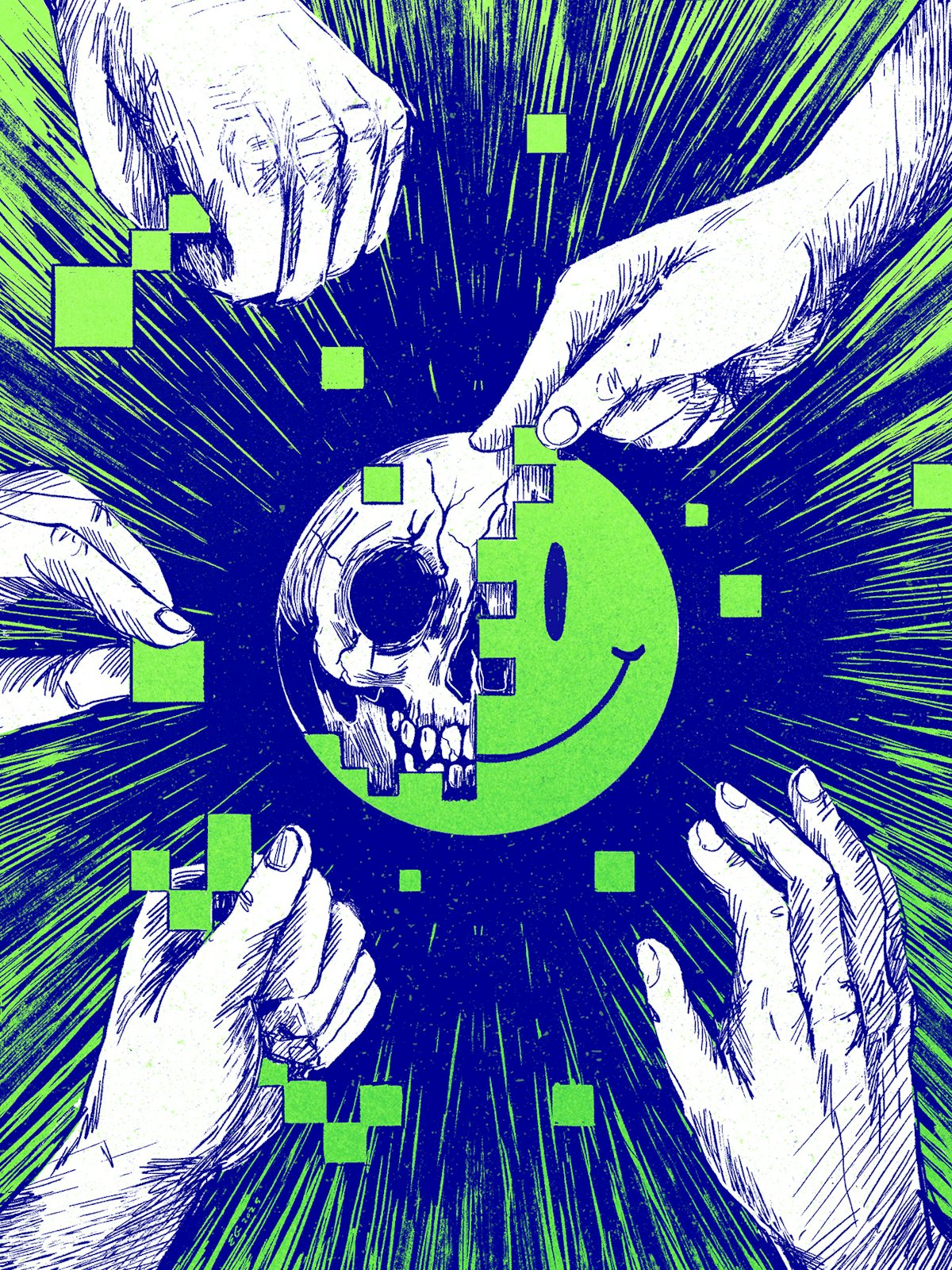 An illustration of a happy face with a skull revealed underneath