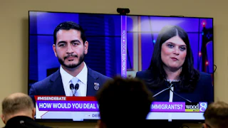 Michigan U.S. Senate candidates Abdul El-Sayed and Rep. Haley Stevens during a debate on Tuesday night