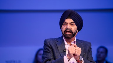 Ajay Banga gestures while speaking.