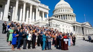 Hakeem Jeffries leads Democrats in a press conference on the steps of the U.S. Capitol.