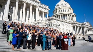Hakeem Jeffries leads Democrats in a press conference on the steps of the U.S. Capitol.