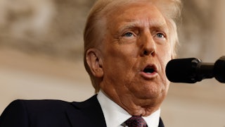 Donald Trump speaks into a microphone