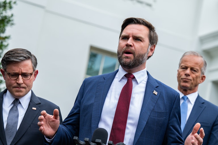 JD Vance speaks outside the White House, flanked by House Speaker Mike Johnson and Senate Majority Leader John Thune.