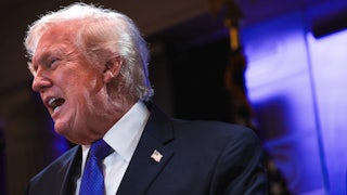 Donald Trump in profile speaking vehemently