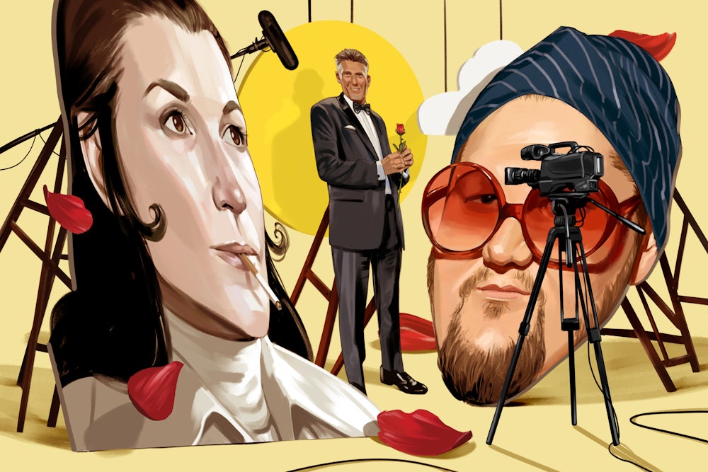 An illustration of celebrities faces that took like painted backdrops for a theater set.