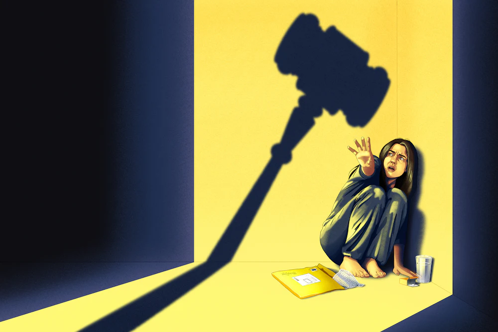 An illustration of a woman reaching for abortion by mail pills has a the shadow of the hammer of justice looming over her, representing the Supreme Court decision to stop abortion medicine by mail.