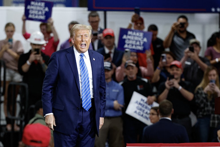 Donald Trump yells at a campaign event