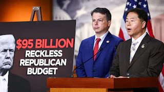 Ted Lieu stands at a lectern, with Brendan Boyle next to him. A poster reads "$95 billion reckless Republican budget."