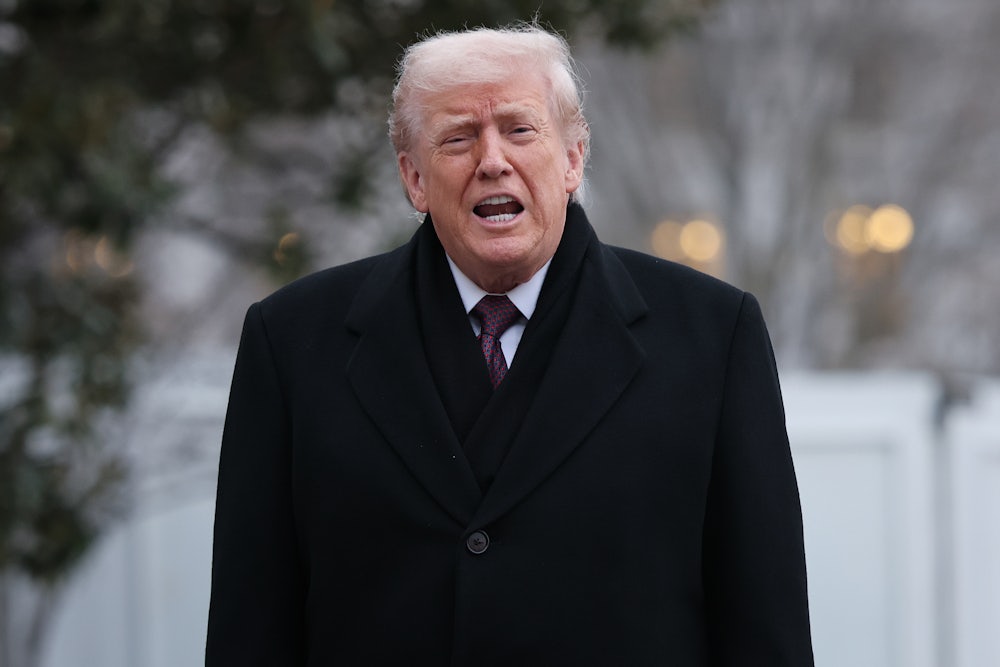 Trump opens his mouth to say something while standing outside in a dark overcoat.