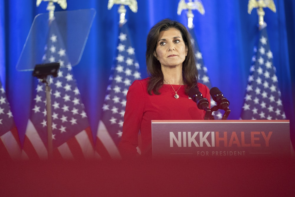 Republican presidential candidate Nikki Haley announces the suspension of her presidential campaign at her campaign headquarters in Daniel Island, South Carolina.