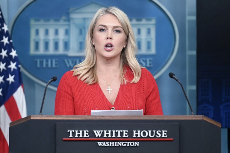 Press Secretary Karoline Leavitt speaks at the podium during a White House press briefing