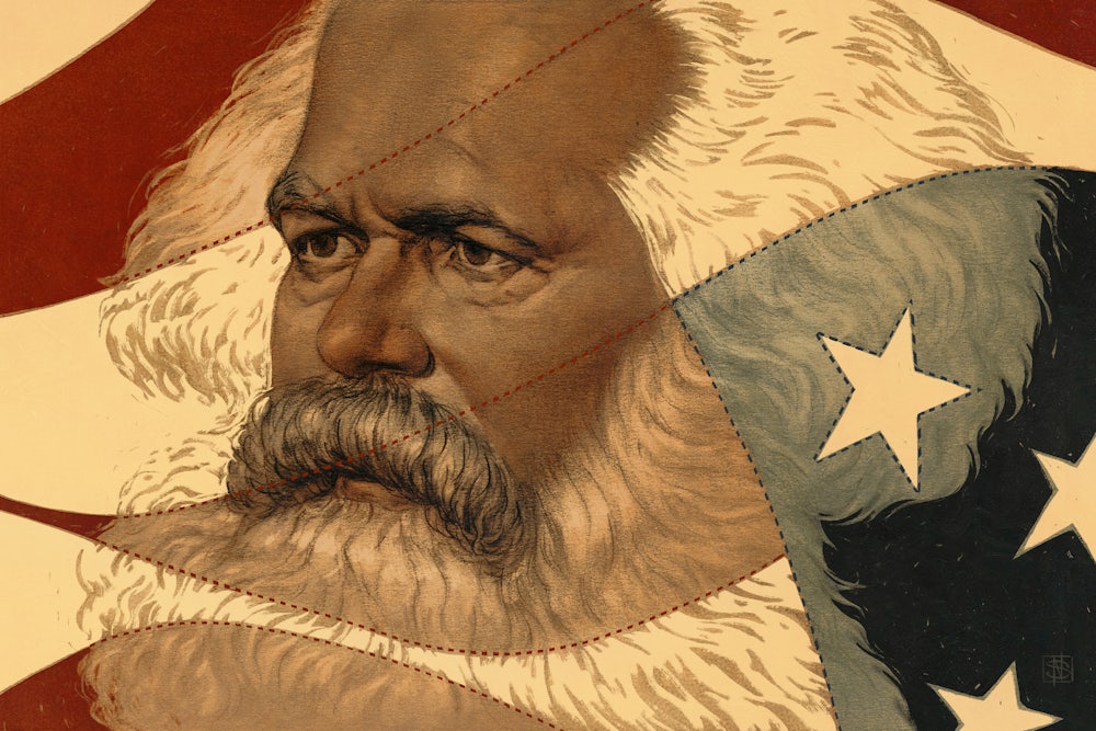 Illustration of Karl Marx superimposed on the American flag, symbolizing the impact he's had on the U.S. over the years