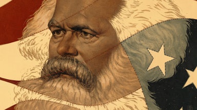 Illustration of Karl Marx superimposed on the American flag, symbolizing the impact he's had on the U.S. over the years