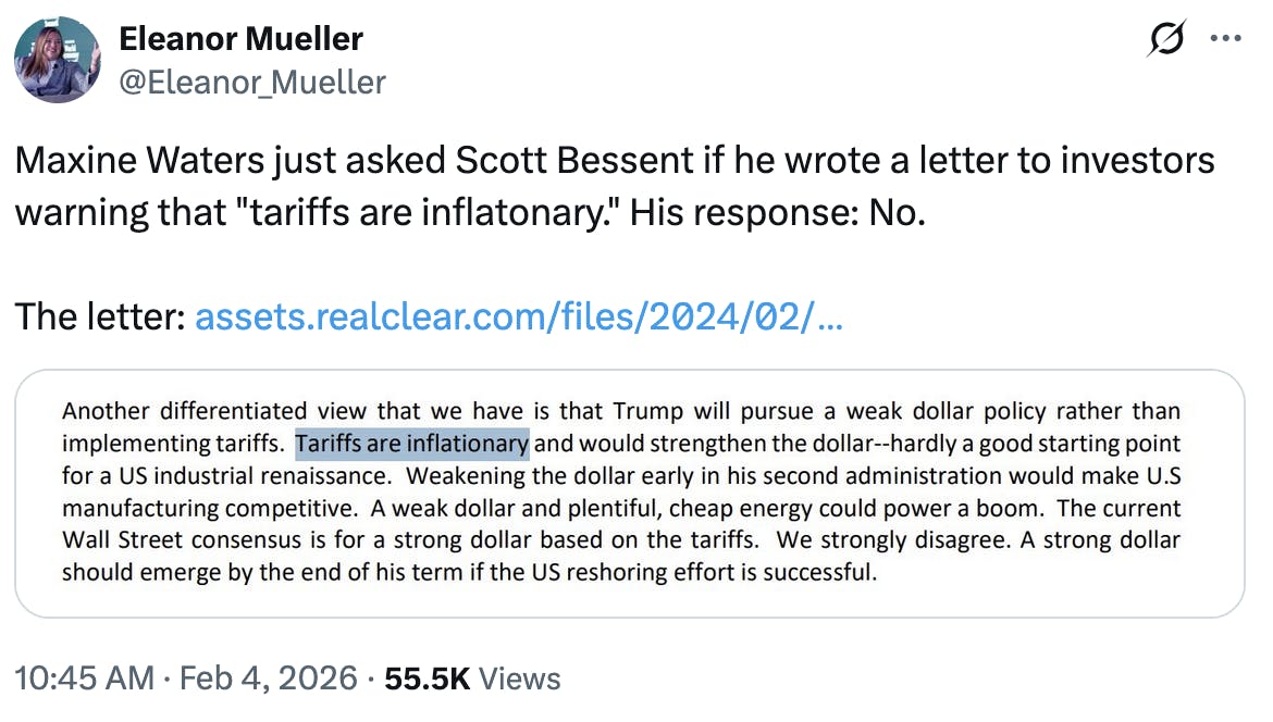 Screenshot X Eleanor Mueller @Eleanor_Mueller Maxine Waters just asked Scott Bessent if he wrote a letter to investors warning that "tariffs are inflatonary." His response: No. The letter: https://assets.realclear.com/files/2024/02/ (screenshot of Bessent's letter)