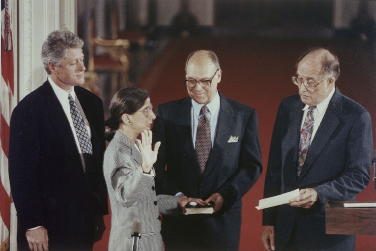 Ruth Bader Ginsburg at her 1993 swearing-in, with (left to right) Bill Clinton; her husband, Martin; and William Rehnquist.