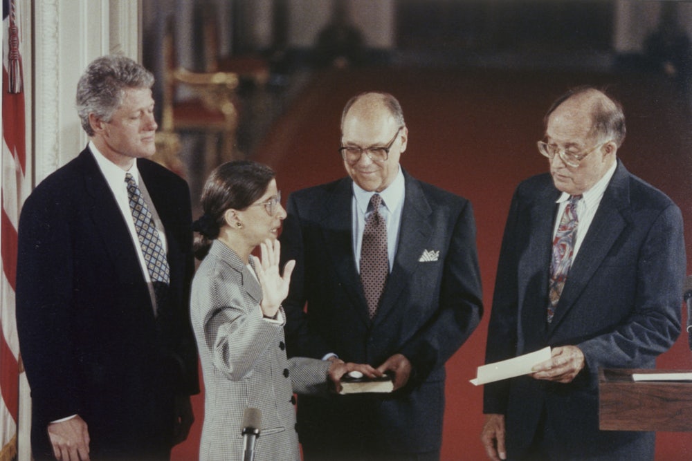 Ruth Bader Ginsburg at her 1993 swearing-in, with (left to right) Bill Clinton; her husband, Martin; and William Rehnquist.