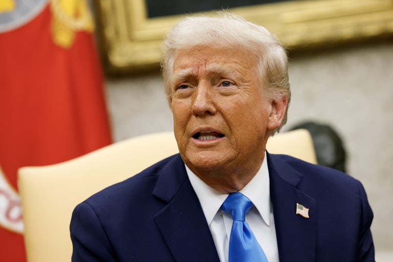 Donald Trump speaks to reporters during a joint press conference in the Oval Office with Israeli Prime Minister Benjamin Netanyahu