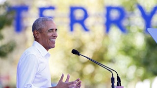 Former US President Barack Obama campaigns for Virginia Democratic gubernatorial candidate Terry McAuliffe at a campaign rally in Richmond, Virginia