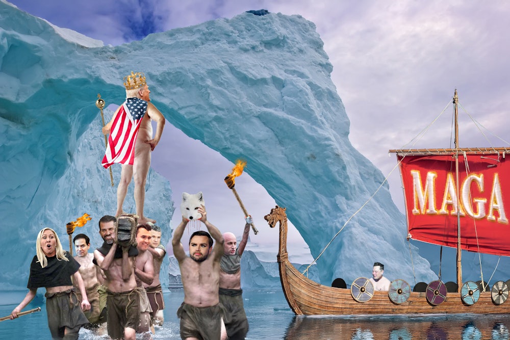 A parody photo-illustration of Trump and his associates storming Greenland via Viking ship