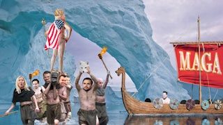 A parody photo-illustration of Trump and his associates storming Greenland via Viking ship